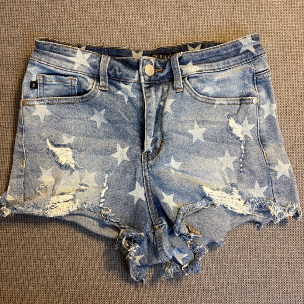 Judy Blue Star Print Distressed Americana Festival Boho Stars Denim Shorts Sz 27